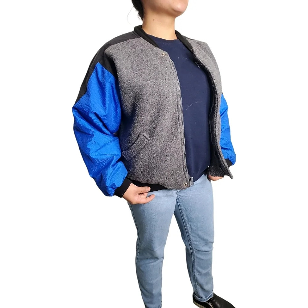 Vintage 90s Colorblock Polar Fleece Letterman Jacket Blue Black Gray Sz M